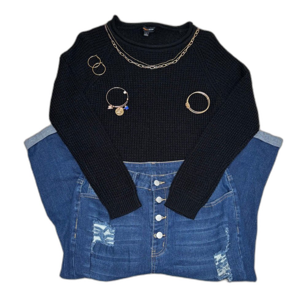 Black Waffle Knit Sweater L Autumn Essential Minimalist Top